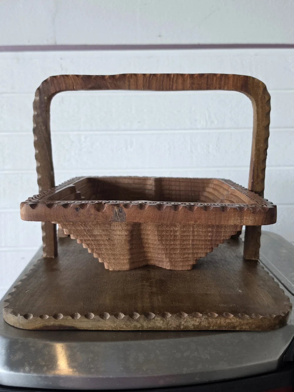 Hand-Carved Wooden Serving Basket - Brown